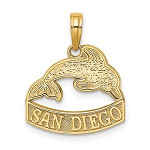 14k Yellow Gold Travel SAN DIEGO Banner Dolphins Necklace Charm Pendant